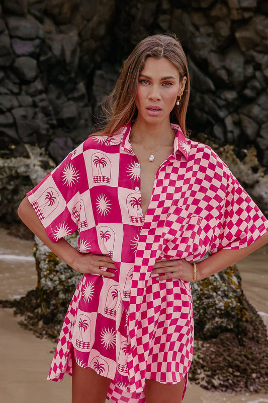 Palma Checkerboard Pink Shirt Dress